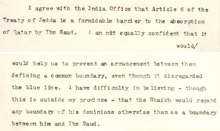 خطاب من وزارة الخارجية بشأن حدود قطر، ٢٧ فبراير ١٩٣٤. IOR/15/2/413، ص.ص.٤٠–٤٣