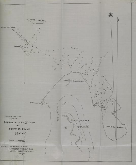 Rough tracing showing approach to the jetty at Dohat ez Zekrit, 1938. IOR/R/15/2/418, f. 129r