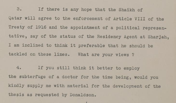 Excerpt of a letter from Hay to Lieutenant Colonel Arnold Crawshaw Galloway, Political Agent, Bahrain, 7 February 1947. IOR/R/15/2/608, f. 10r