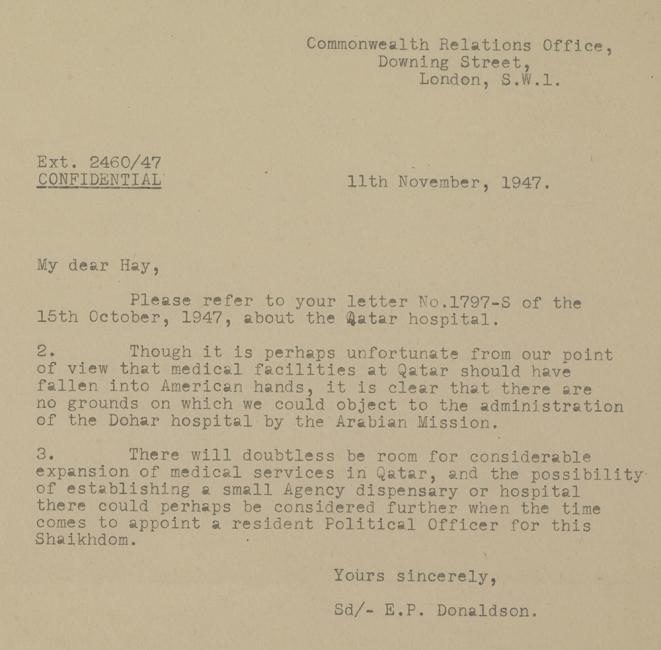 Letter from Donaldson to Hay, 11 Nov 1947. IOR/R/15/2/608, f. 20r