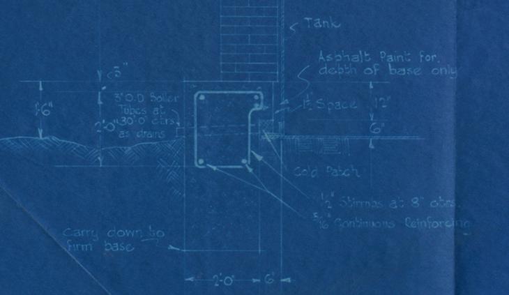 Detail of blueprint diagram showing a proposed method of construction for brick sheathing of oil refinery tanks at the Bahrain Petroleum Refinery in Bahrain, 1932. IOR/R/15/2/661, f. 310