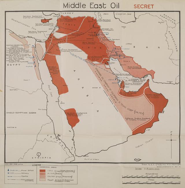 Map showing oil concession areas and the proposed route of the Trans-Arabian pipeline. IOR/R/15/2/879, f 55