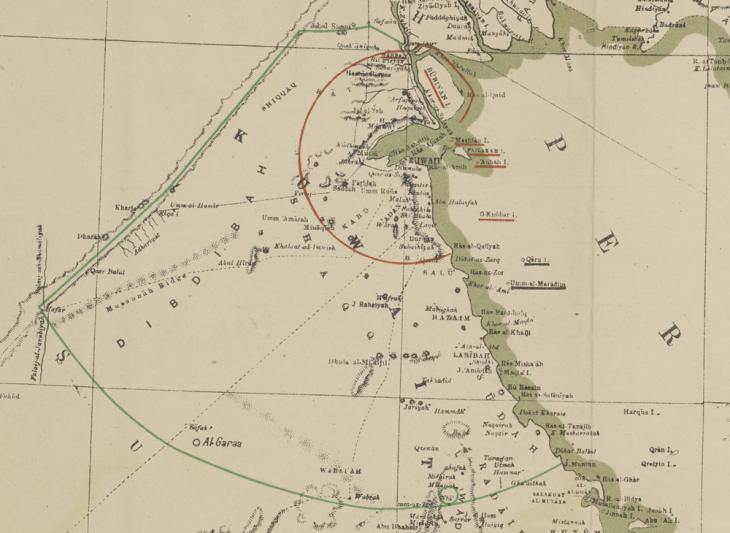 Detail from a map of the Gulf showing two options (in red and green ink respectively) for the border of Kuwait, drawn up as part of the Anglo-Ottoman Convention of 1913. IOR/R/15/5/65, f. 206r