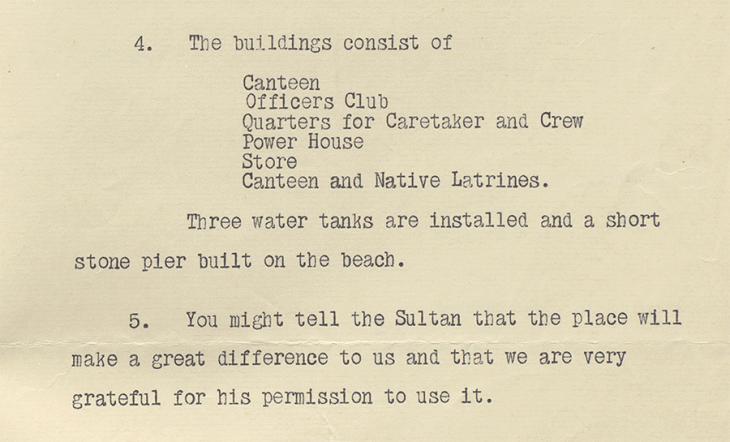 Excerpt of a letter from the Senior Naval Officer in the Persian Gulf to the Political Agent in Muscat describing the facilities built in the Khawr al-Qawi, 4 Nov 1936. IOR/R/15/6/308, f. 155r