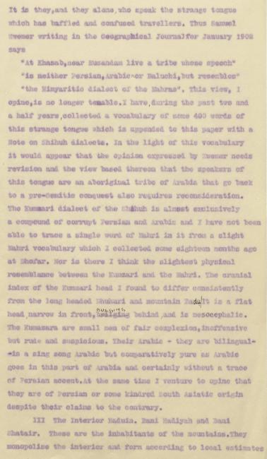 Report by Bertram Thomas on his visit to the Musandam Peninsula. IOR/R/15/6/30, f.10r