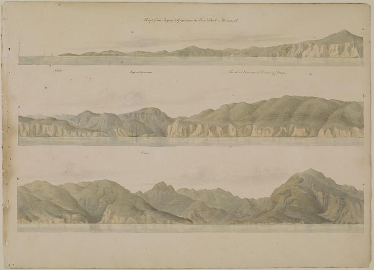 Watercolour sketch by Michael Houghton showing sequential views of the Musandam Peninsula, 1825. IOR/X/10310/5, f. 6r