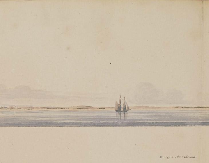 Sketch drawn by Lieutenant Michael Houghton in watercolour showing view of ‘Debay in 6 ½ fathoms’. IOR/X/10310/14, f. 15r