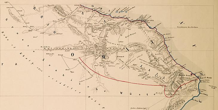 Detail from a map of Oman and Mahra, primarily based on Wellsted&#039;s surveys and travels, 1846. IOR/X/2942/5/1, f. 1r