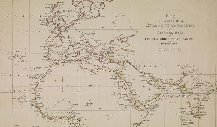  خريطة للطرق المقترحة من لندن إلى الهند في حوالي ١٨٥٠، تسلط الضوء على أهمية استمرار الهدنة البجرية في منطقة الخليج، ١٨٥٦. IOR/X/2963، ص. ١و