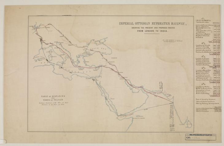 سكة حديد الفرات العثمانية الملكية، توضح المسارات الحالية والمقترحة من لندن إلى الهند، وضعها السير جون ماكنيل وتيلفورد ماكنيل، مهندسين. IOR/X/2964