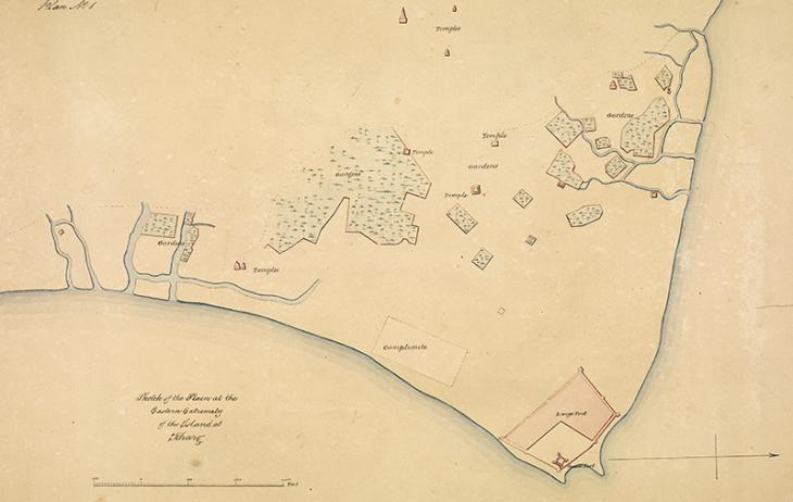 ‘Sketch of the Plain at the Eastern Extremity of the Island at Kharg’, 22 July 1839. IOR/X/3128, p.1r