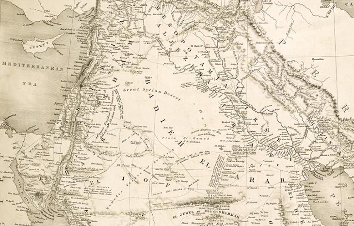 برزخ السويس ونهر الفرات في رسم تفصيلي من خريطة للجزيرة العربية، أعده ويليام هنري بليت. ١٨٤٧. IOR/X/3205، ص. ١و
