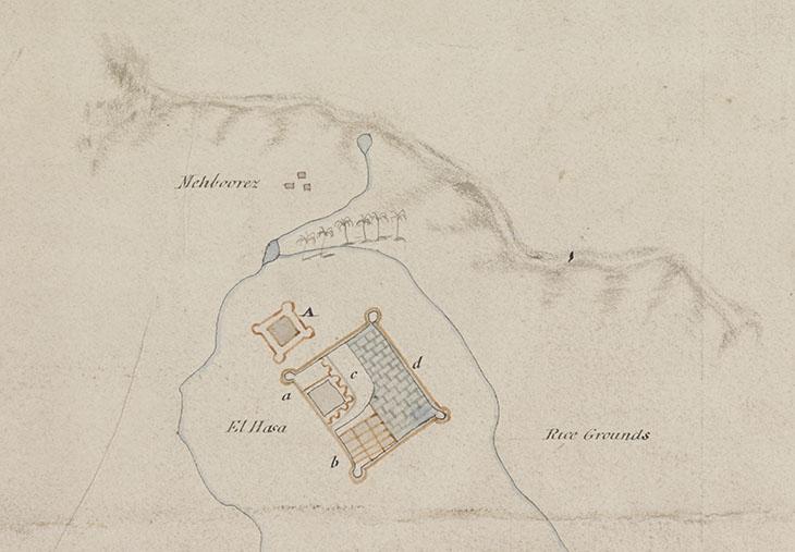 Detail from ‘A map of the Oases of El Hasa’ [Al Ahsa, Saudi Arabia], author unknown, c. 1815. IOR/X/3214, f. 1r
