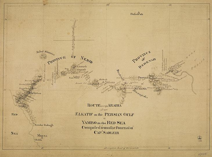 Map of George Sadleir’s journey across the Arabian Peninsula, compiled from his diary. IOR/X/3215