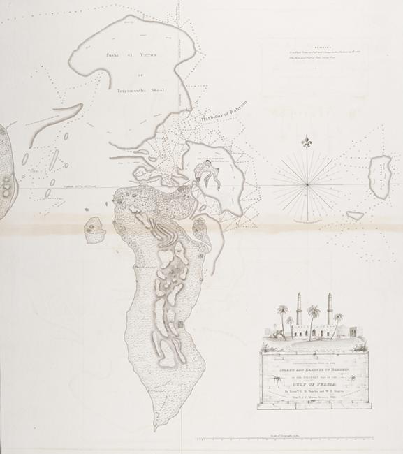 Nautical chart showing the island of Bahrain, compiled from surveys carried out by officers of the Persian Gulf Squadron, 1828. IOR/X/3630/21