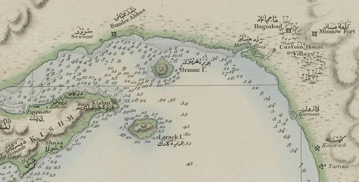 Detail from an EIC ‘Chart of the Gulf of Persia’ showing Bandar Abbas and the surrounding area, 1832. IOR/X/3635/35/1-2, f. 1r