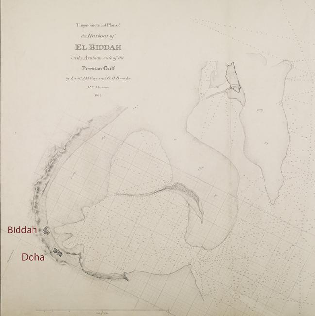 ‘Trigonometrical plan of the harbour of El Biddah on the Arabian side of the Persian Gulf,’ drawn by Lt. M. Houghton. IOR/X/3694, f. 1v