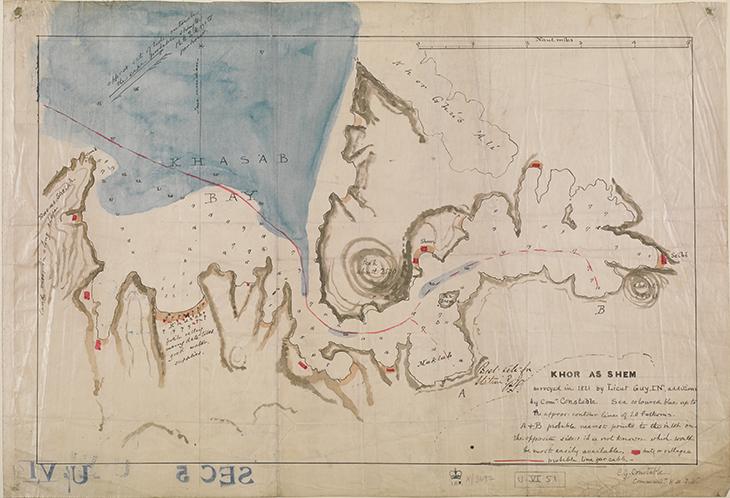 خريطة لخليج خصب وخور الشام تُظهر أعماق المياه، تم مسحهما سنة ١٨٢١. IOR/X/3697