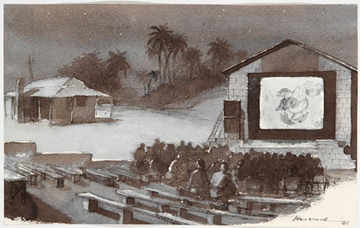 هارولد ويليام هايلستون، سينما مكشوفة في الهواء الطلق في البحرين، الخليج العربي، ١٩٤١-١٩٤٤. حقوق النشر لمتاحف الحرب الملكية، لندن (Art.IWM ART LD 5268).