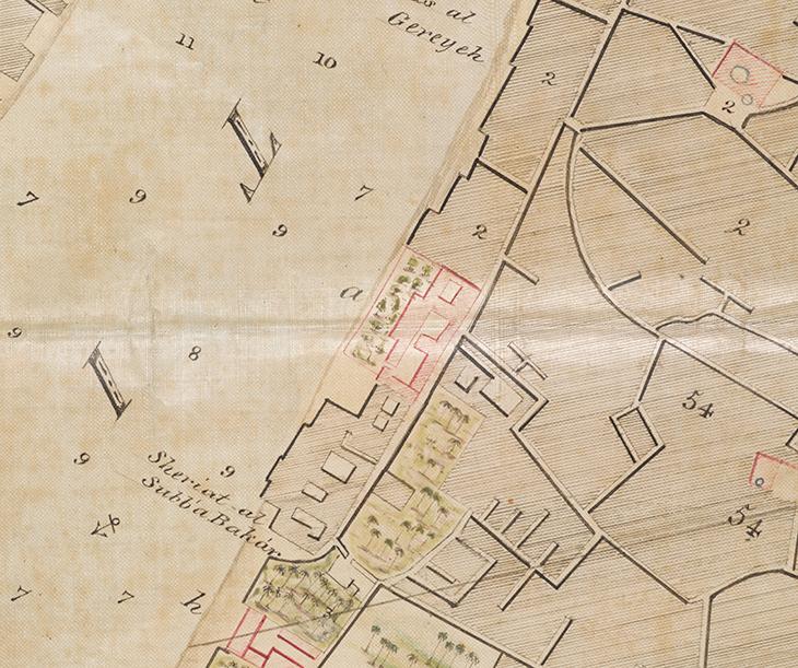 Section from ‘Ground Plan of the Enceinte of Baghdad’, 1856. The Residency building and grounds are marked ‘a’. Image digitised by BLQFP. IOR/X/3168/1/1