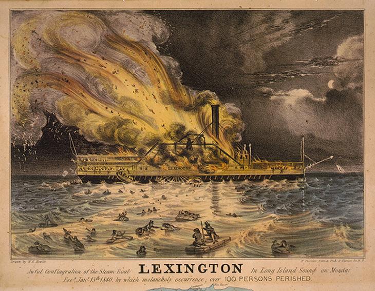صورة توضيحية لسفينة بخارية أخرى وهي تحترق في عرض البحر. المصدر: قسم المطبوعات والصور الفوتوغرافية في مكتبة الكونجرس. ملكية عامة
