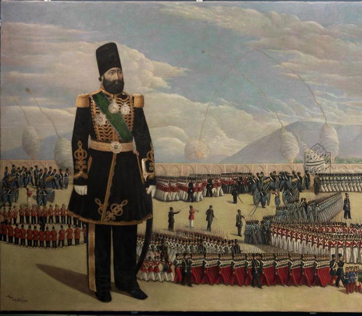 The Persian Commander in Chief, Mirza Mohammed Khan, against a background of a military parade in the Maydan-i Mashq. Section of a painting by Mohammad Hassan Khan Afshar (fl. 1818-1878) (Malek National Library and Museum Institution, Tehran)