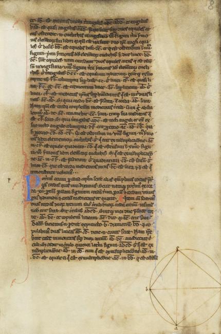 Ebdelmessie&#039;s Latin translation of Thābit ibn Qurrah&#039;s version of the Almagest. The page shows Thābit&#039;s replacement of one of Ptolemy&#039;s arguments with an alternative diagram and proof. MS Dresden, SLUB, Db. 87, fol. 8r