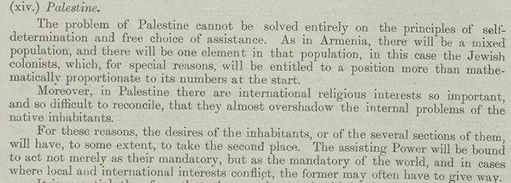 Excerpt from a Foreign Office memorandum on ‘The Settlement of Turkey and the Arabian Peninsula’ explicitly relegating Palestinians’ wishes to ‘second place’, November 1918. Mss Eur F112/277, f. 161v