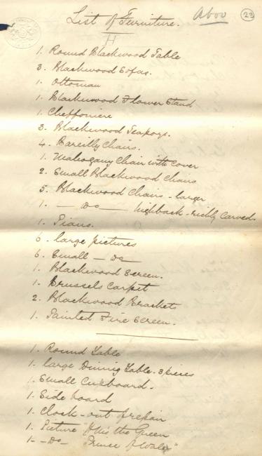 قائمة الآثاث التي أراد ألفريد تشارلز ليال أن يشتريها من السير لويس بيلي. Mss Eur F126/9، ص. ٢٣و