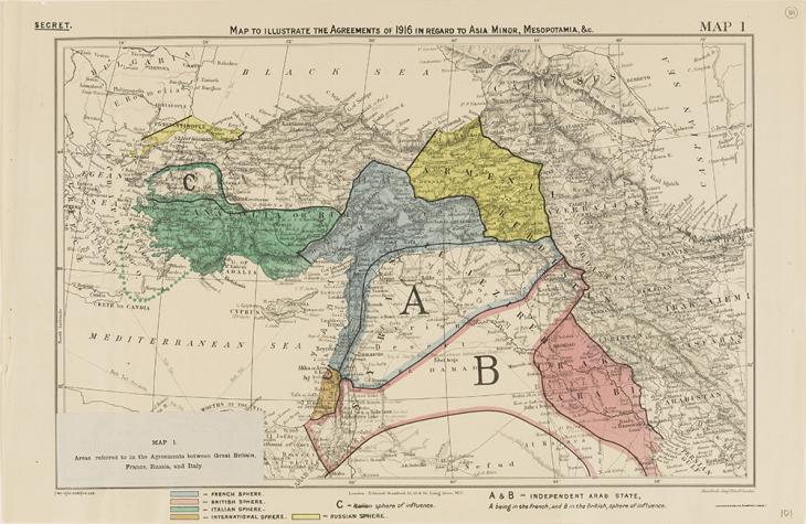 Map showing the division of the Middle East as envisioned by Sykes and Picot in 1916. Mss Eur F112/276, f 101