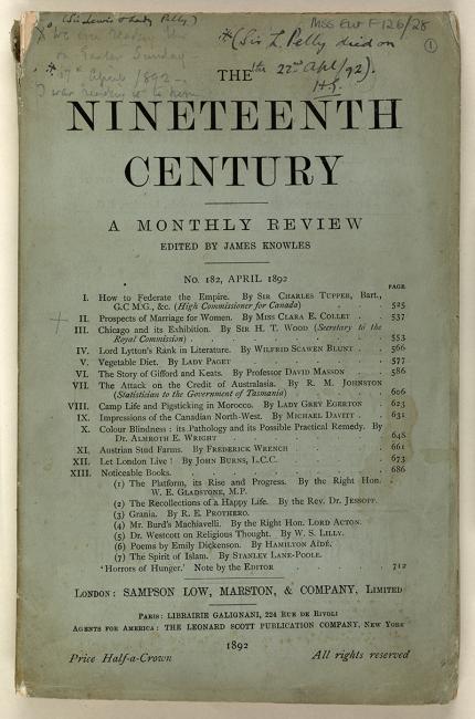 Front cover of a copy of the journal The Nineteenth Century, No. 182, April 1892. Pelly had read an article in the journal on the &#039;Prospects of Marriage for Women&#039;, by Miss Clara E Collet, five days before he died. Mss Eur F126/28