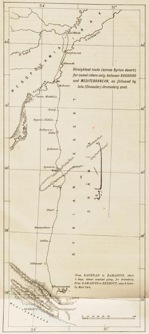 Map showing the mail route out of Baghdad, as it had developed by the mid-nineteenth century. Mss Eur F112/384, f. 27r