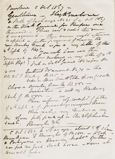 Extract of a letter from Lewis Pelly to Messrs Remington &amp; Company, dated 5 October 1867, requesting that 1,000 rupees be credited to Pelly’s account, to be invested in shares in the new Bank of Bombay. Mss Eur F126/43, f 190v 1