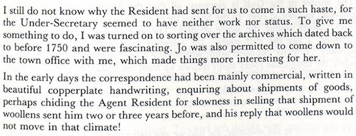 مقتطف من مذكرات جون بازالجيت، يبيّن ما وجده في الأرشيفات، ١٩٨٤. Mss Eur F226/2، ص. ١٥٢و