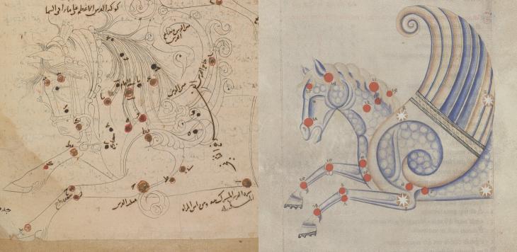 The constellation of Pegasus in al-Ṣūfī’s Kitāb ṣuwar al-kawākib al-thābita (left, Or. 5323, f. 30v) and again in a contemporaneous 13th-century copy of its Latin translation (right, Bibliothèque de l’Arsenal, Ms. Latin 1036, f. 16r)