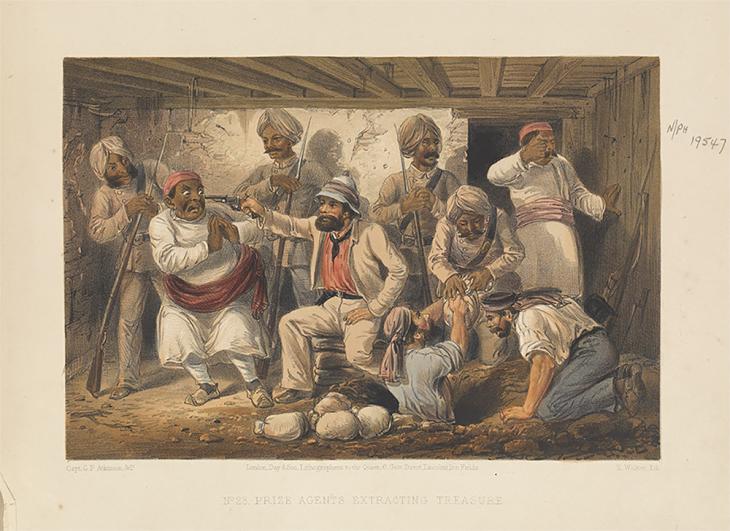 Coloured lithograph titled ‘Prize Agents Extracting Treasure’, from Atkinson’s The Campaign in India 1857-58. Image courtesy of the Council of the National Army Museum, London, NAM. 1971-02-33-495-23
