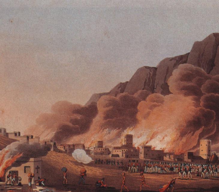 Painting by Richard Temple depicting the British attack on Ra’s al-Khaymah in 1809, part of their effort to impose their authority along the Trucial Coast. Public Domain