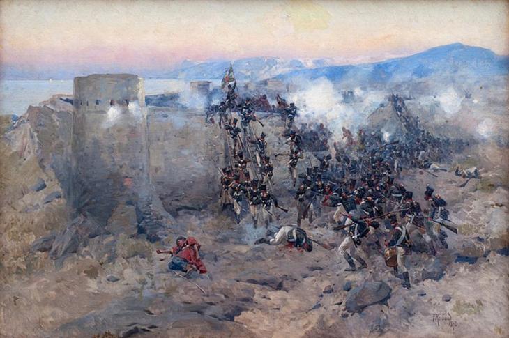 Painting of Russian troops storming Lankaran, by Franz Roubaud, 1893. Public Domain