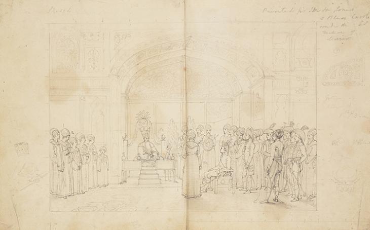 Drawing by Robert Smirke depicting Sir Harford Jones at the Court of Fath Ali Shah Qajar, date unknown. Public domain