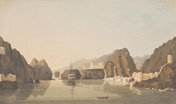 ‘Muskat, from the Harbour’, 1809-10, Public domain. Image digitised by BLQFP from Richard Temple, Views in the Persian Gulph (London: W. Haines, 1813)