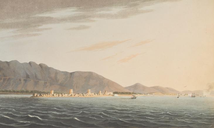 Ra’s al-Khaymah as depicted in 1809, during an earlier British military campaign. Public domain. Image digitised by BLQFP from Richard Temple, Views in the Persian Gulph (London: W. Haines, 1813)