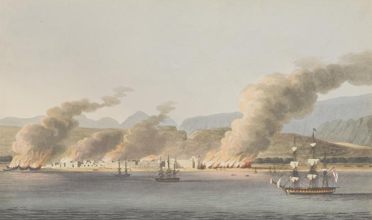 A depiction of the attack on Linga [Bandar-e Lengeh] during the military campaign of 1809. Public domain. Image digitised by BLQFP from Richard Temple, Views in the Persian Gulph (London: W. Haines, 1813)