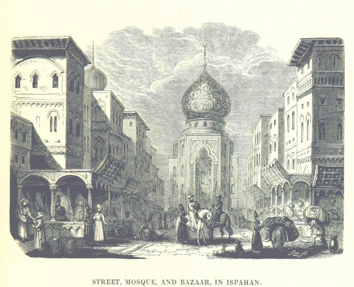 An early nineteenth-century depiction of the richness of Isfahan’s markets. From &#039;Travels in Assyria, Media, and Persia...&#039; BL Images.