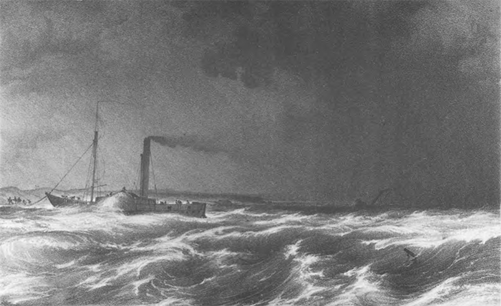 رسم لسفينة دجلة قبل غرقها مباشرةً، بريشة القبطان جيمس بوكنال إيستكورت، ١٨٣٦. ملكية عامة