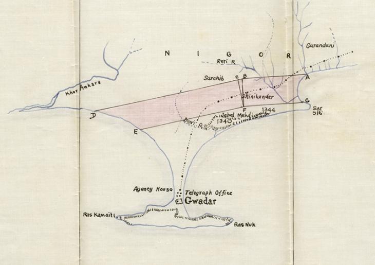 Map showing area at Gwadar in which the Burmah Oil Company sought a licence to prospect for oil (1914). IOR/R/15/1/378, f. 33