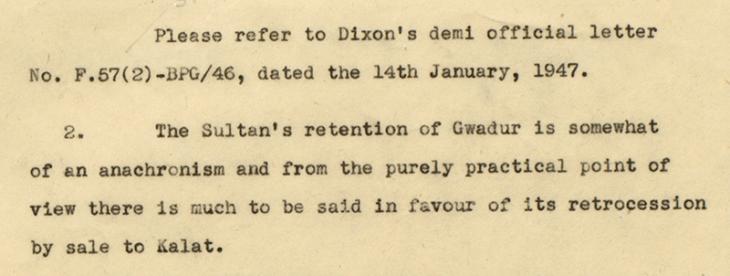 Letter from the Persian Gulf Residency, Bahrain to the Secretary to the Government of India, dated 1 February 1947 concerning the possible sale of Gwadar to Kalat. IOR/R/15/1/381, f. 4