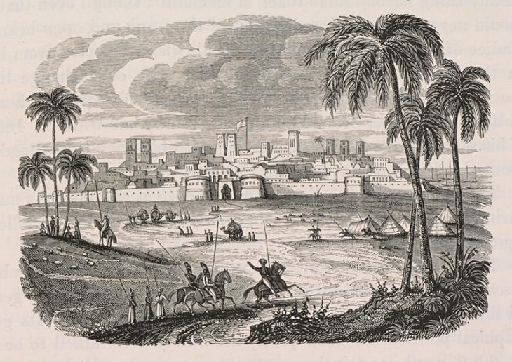 A view of Bushire in the 1820s. From Buckingham, Travels in Assyria, Media, and Persia…, p.345. Ref: 567.g.5.