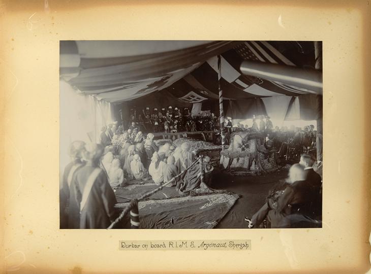 Photograph of Lord Curzon’s durbar aboard RIMS Argonaut, Sharjah, 21 November 1903. Photo 49/1/7