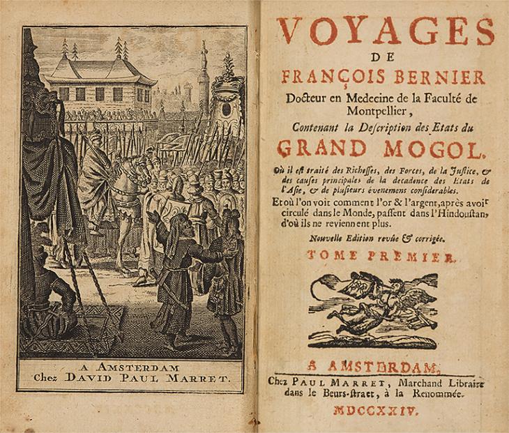 Title page and engraving from Voyages de François Bernier (angevin) contenant la description des Etats du Grand Mogol, de l&#039;Indoustan, du royaume de Kachemire (Amsterdam: Maret, 1699). Public Domain. Image digitised by BLQFP