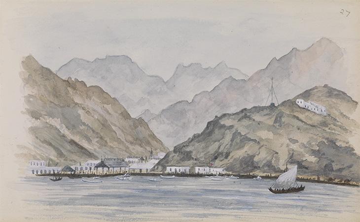 A landscape view, &#039;Aden&#039; by Kate Toynbee (fl. 1879-80). WD1348/27, ‎f. 1r